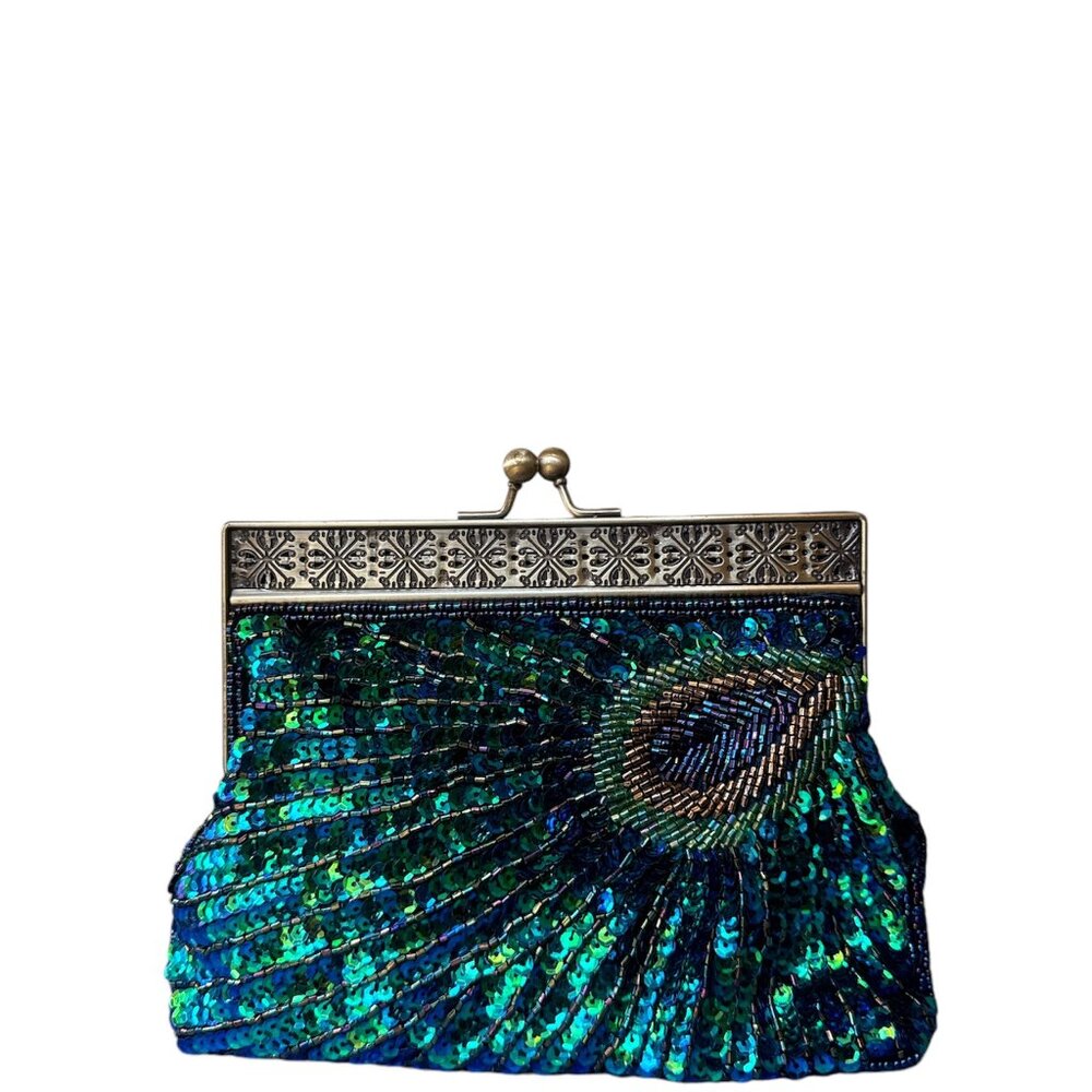 Vintage Beaded Sequin Peacock Clutch Purse Evening Bags (Blue)